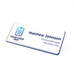 Your Practice Logo White/Dark Blue Name Badge with Job Title and Pronouns Premium Domed 76 x 32mm Material Pin Magnet Clip Fastener