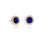 Diamond Treats Gold Earrings for Women with Round Sapphire Blue Cubic Zirconia Stones, Large Sapphire Blue Stud Earrings in Gold Plated 925 Silver, Simple Sapphire Blue Earrings in Halo Design