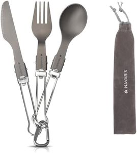 Navaris Titanium Folding Utensil Set - Fork Knife Spoon Foldable Metal Silverware Utensils for Camping, Backpacking, Hiking - With Carabiner and Bag