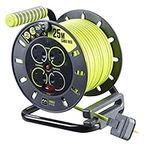 Masterplug Pro-XT Four Socket Open Cable Reel Extension Lead with Winding Handle, Thermal Cut Out and Power Switch, 25 Metres High Visibility Cable , Green