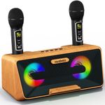 MASINGO Karaoke Machine for Adults and Kids with 2 Wireless Microphones, Portable Bluetooth Singing Speaker, Colorful LED Lights, PA System, Lyrics Display Holder & TV Cable - Presto G2 Wood