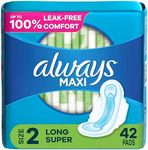 Always Maxi Feminine Pads for Women, Size 2 Long Super Absorbency, with Wings, Unscented, 42 Count