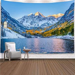 YISURE Snow Mountain Lake Landscape Colorado Tapestry for Bedroom, Nature Scenery Wall Tapestry Hanging for Living Room Home Decoration, 80x60 Inch