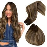 Hetto Human Hair Weft Extensions Real Human Hair Wefts 12 Inch Double Weft Remy Human Hair Weaving Brown Balayage Blonde Extensions Sew in Weft Balayage Dark Brown Ombre Caramel Blonde 70g