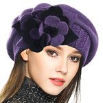 VECRY Womens French Beret 100% Wool Berets Floral Knit Beanie Skull Cap Dress Winter Hat (Purple,M)