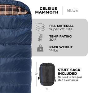 TETON Sports Mammoth Queen Double Sleeping Bag – Warm Camping Bag, Blue