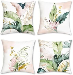 Bonhause Green and Pink Leaves Cushion Covers 40 x 40 cm Tropical Leaf Decorative Throw Pillow Covers Soft Velvet Pillowcases for Sofa Patio Garden Decor Set of 4