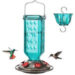 Kingsyard Glass Hummingbird Feeder for Outdoor Hanging, 24 Ounces, 6 Feeding Ports, Bird Nectar Feeder for Garden Décor, Ant Moat Included, Turquoise