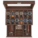 SONGMICS 12-Slot Watch Box, Lockable Watch Case with Glass Lid, 2 Layers, Brown Synthetic Leather, Brown Lining UJWB012K01