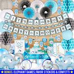 183 Piece Blue Elephant Baby Shower Decorations for Boy Kit - It's a BOY Pre-Strung Banners and Garland Guestbook Mommy to Be Sash Balloons Cake Toppers Paper Fans Lanterns, Games & Thank You Stickers