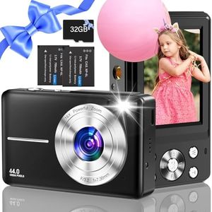Appareil Photo Numérique avec Carte 32GB, 44MP 1080P HD Appareil Photo Numérique Compact avec écran LCD 16X Zoom numérique & 2 Batteries pour Les Adolescents,débutants(Noir)