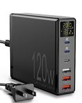 USB Charging Station, Sanicata 120W 6-Port USB C Charger for Multiple Devices, GaN USB Charging Hub with LCD Display, Multiport USB Charger Block for MacBook iPad iPhone Galaxy Android-Black