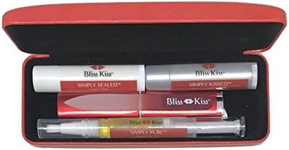 Bliss Kiss Nail Travel Manicure Kit - Great Gift Idea - Easy carry, to-go case to care for your nails, skin, and lips - Hydrating Nail and Cuticle Oil, Lotion Stick, Crystal Nail File, Lip Balm