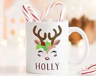 Kids Hot Cocoa Mug, Reindeer Mug, Mistletoe Holly Mug, Custom Personalized Name Mug, Christmas Gift, Funny Cute Mug, Egg Nog, Hot Chocolate