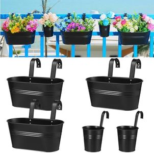JFMAMJ 5 Pcs Hanging Planter Railing Planter Box Metal Iron Window Boxes Planters for Outdoor Plants Balcony Planter Fence Planters with Detachable Hooks for Herb Garden Planter Outdoor(Matte Black)