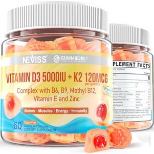 Vitamin D3 5000IU + K2 (MK-7) 120mcg, Sugar-Free Vitamin D3 K2 Filled Gummies with Vitamin B Complex - Methyl B12, B9, B6 | Vitamin E & Zinc, MCT Oil - Supports Bone & Teeth Strength, Immune, 2PACK