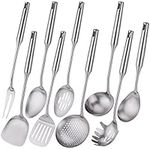 304 Stainless Steel Kitchen Utensils Set, Standcn 9 PCS Metal Cooking Tools Set with Meat Fork, Solid Spoon, Slotted Spoon, Spatula, Ladle, Skimmer, Slotted Spatula, Spaghetti Server, Large Spoon