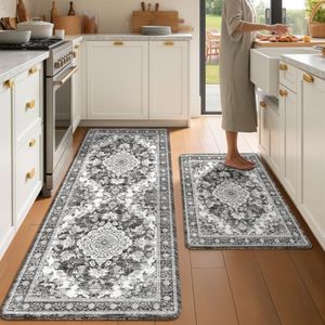 tubeamin Boho Kitchen Mats for Floor 2 Piece Set Anti Fatigue Cushioned PVC Kitchen Rugs Non Slip Waterproof Farmhouse Mats 2/5 Inch Comfort Standing Mat for Sink, Laundry, 24"x39"+24"x59",D4