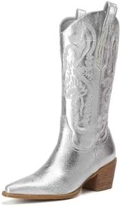 FVEPOMM Women's Embroidered Western Cowboy Boots Cowgirl Boots Mid Tube Pointed Toe Chunky Heel Shiny Vintage Fashion Gold Boots, Silver, 8