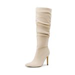 DREAM PAIRS Knee High Boots for Women, Sexy Pointed Toe Stiletto High Heel Slouchy Suede Tall Boots,Size 8,Beige-Suede,SDKB2422W