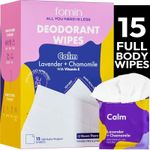 FOMIN Travel Deodorant Wipes - 15 Count - Calming Lavender and Chamomile - pH Balanced, Hypoallergenic Mini Deodorant Wipes For Women and Men - Plastic-Free, Individually Wrapped Underarm & Body Wipes