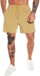 MOVEUP Men's Workout Running Shorts Quick Dry Spandex Fabric Athletic Active Short Fitness Shorts Gym Training Sport Shorts for Men with Zipper Pockets and Towel Loop Khaki