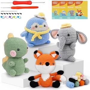 Easusy Animal Crochet Kit,4 Pattern Crochet Kit Including Crochet Hook, Yarn Balls, Needles, Instructions, Accessories Kit Starter for Beginners and Professionals, Penguin, Dinosauria, Fox, Elephant