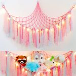 Dremisland Stuffed Animals Storage with Fairy Lights Toy Hammock Hanging Stuffed Animal Storage Organizer Holder with Lace Tassels for Nursery Play Room, Kids Bedroom