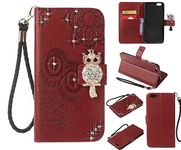 for iPhone 6 iPhone 6S Case, CrazyLemon 3D Handmade Bling Owl Design Rhinestone Embossed Pattern Shockproof PU Leather Wallet Case Cover with Card Slot for iPhone 6 iPhone 6S - Red Brown