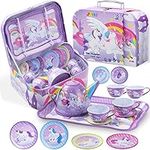 JOYIN Purple Unicorn Tea Set for Toddlers Tea Party Set for Children Kids Pretend Role Play Tin Teapot Set with Cups, Plates and Carrying Case Kitchen Toy for Little Girls Birthday Gifts Age 3 4 5 6