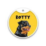 Pawsindia Personalized Aluminium Dog Name Tag, Customized Pet Id Tag For Dogs With Double Side Waterproof Print, Rottweiler-Yellow, 4 Cm X 4 Cm