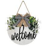 KHOYIME Welcome Sign for Front Porch Door Greenery Wreaths, Vintage White Round Wooden Door Decor Rustic Farmhouse Wall Hanging Indoor Outdoor Decoration All Seasons for Holiday Home Office Restaurant