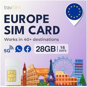 SIM Card Europe with 28GB of Data (4G/5G speeds) | Valid for 16 Days | Data Only SIM Europe | VOIP apps for browsing and messaging | Over Destinations (UK, Switzerland, France, Italy & More) | travSIM