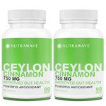 Nutrawave PURE HIGHEST POTENCY Ceylon Cinnamon 750mg, Helps Lower Blood Sugar Levels, Pure Organic Ceylon Cinnamon Powder, Improved Gut Health, Help Metabolism, Eases Digestion, and Bloating, Non-GMO, Gluten-Free, 90 Vegan Capsules (2 pack)