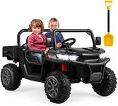 Costzon 2-Seater Ride on Car, Dump Truck w/Remote Control, Electric Dump Bed, Shovel, USB, AUX, Music, Rocking Function, Spring Suspension, 12V Battery Powered Off-Road UTV, Kids Car to Drive (Black)