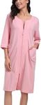 ANLIQI 100% Cotton Women Robe with Zippers Soft Knit with Pockets Comfy and Lightweight Ladies Bathrobe Crewneck Sleepwear, Pink, X-Large