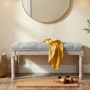 DM Furniture Ottoman Bench Upholstered Fabric Rectangle Entryway Bench, Tufted Piano Bench for 2 People, Rubber Wood Legs with Beautiful Carved Pattern for Bedroom/Living Room/Dining Room (Grey)