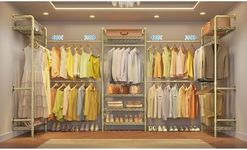 Timate U5 Expandable Wall Mounted Clothes Rack, Walk in Closet, Heavy Duty Industrial Pipe Clothing Rack with 4 Expandable Hanger Rods & 8 Adjustable Shelves, Fits Spaces 7'12"- 9'12", Gold