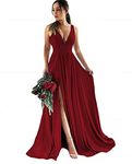 Women's Long Burgundy Satin Bridesmaid Dresses V Neck Backless Split Prom Dress Evening Gowns Extra Fabric