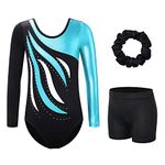 XFGIRLS Leotards for Girls Long Sleeve Sparkle Gymnastics Leotards Shiny Athletic Ballet Dance Shorts 183_BlackBlue_12A