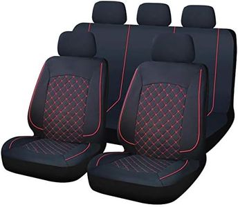 Set Copri-Sedili Auto Universale Trapuntato 11 Pezzi, Fianchi elasticizzati, Antiscivolo e Lavabile, con Cerniere per Sedili Posteriori. Coprisedili (NERO-ROSSO)