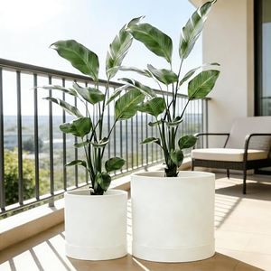 GreenShip Planter Set of 2 (15.7" &13.7") – Cylinder Planters with Drainage Hole and Planter Saucer, Jun Porcelain Clay & Recycled Resin, Decorate Home,Office & Outdoor,White pots