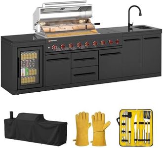 VESTIVIUM All-in-One Outdoor Kitchen Island, Expandable Modular Grill Station with 6 Burner, Double Door Sink, Refrigerator, SS304 & White Stone Countertops, Perfect for Backyard Patio Entertaining