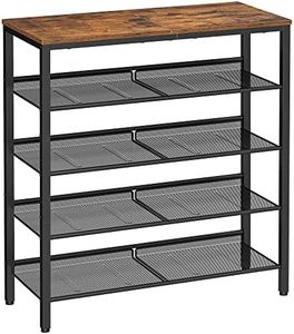 VASAGLE 5-Layer Shoe Rack, High Shoe Storage with 4 Mesh Shelves and Large Top for Bags, Space Saving for Entrance, Hallway, Steel, Industry, Rustic Brown and Black LBS038B01