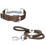 YOUNIQUE MERCHANDISE Dog Stainless Steel Half Chain Collar With Comfortable Rope Leash Comfortable For Walking Running Training Size -1.25 Inch (Large, Brown)