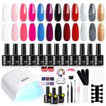 MEFA 34 Pcs Gel Nail Kit with 48W UV Lamp, 12 Colors White Pink Red Glitter Gel Nail Polish Kit with Matte Glossy Gel Top Base Coat Manicure Tools Nail Art Decorations DIY Salon Home