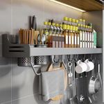 Edumov Spice Rack Wall, Spice Shelf, Hanging, No Drilling, Kitchen Shelf Organiser with Movable Hooks and 2 Utensil Holders, Towel Holder, Knife Holder, 40 cm, Grey