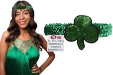 Womens St. Patricks Day Shamrock Headband Sequin Clover Glitter Elastic Hairband Costume Accessory, Adjustable, Green