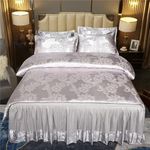 it&C's Imported Jackquard Silk and Cotton Embroidery Lace 5 Pcs King Size Double Bed Skirt Type Bridal Bedding Set with Heavy Comforter/Quilt (Silver Grey)