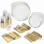 600 Piece Gold Dinnerware Party Set - 100 Guest | 100 Dinner Plastic Plates - 100 Salad Gold Plates- 100 Gold Plastic Silverware Set - 100 9 OZ Gold Plastic Cups | For Wedding, Birthday, Parties